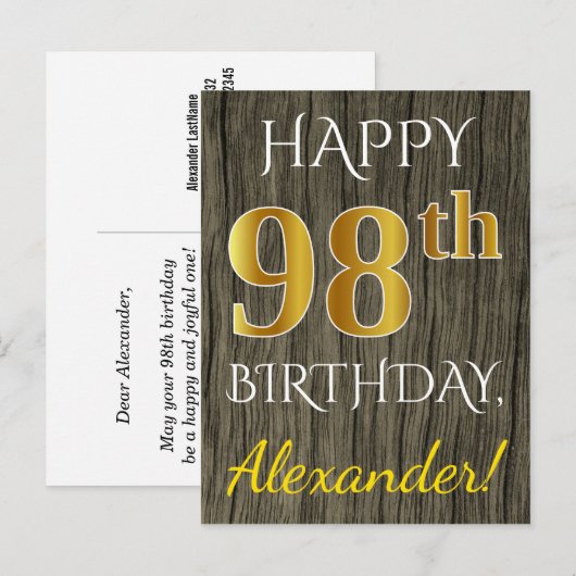 Faux Wood, Faux Gold 98th Birthday + Eigen naam Briefkaart (Voorkant / Achterkant)
