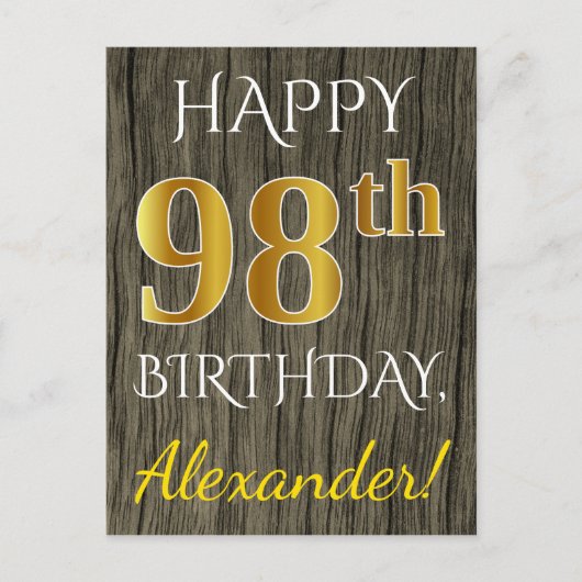 Faux Wood, Faux Gold 98th Birthday + Eigen naam Briefkaart (Voorkant)