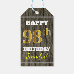 Faux Wood, Faux Gold 98th Birthday + Eigen naam Cadeaulabel