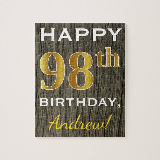 Faux Wood, Faux Gold 98th Birthday + Eigen naam Legpuzzel (Verticaal)