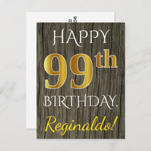 Faux Wood, Faux Gold 99th Birthday + Eigen naam Briefkaart (Voorkant / Achterkant)