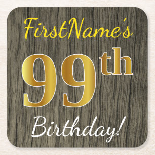 Faux Wood, Faux Gold 99th Birthday + Eigen naam Kartonnen Onderzetters