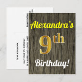 Faux Wood, Faux Gold 9th Birthday & Custom Name Briefkaart (Voorkant / Achterkant)