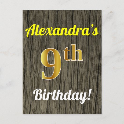 Faux Wood, Faux Gold 9th Birthday & Custom Name Briefkaart (Voorkant)