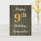 Faux Wood, Faux Gold 9th Birthday + Eigen naam Kaart (Gele Bloem)