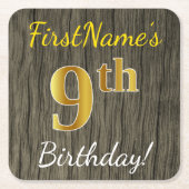 Faux Wood, Faux Gold 9th Birthday + Eigen naam Kartonnen Onderzetters (Voorkant)