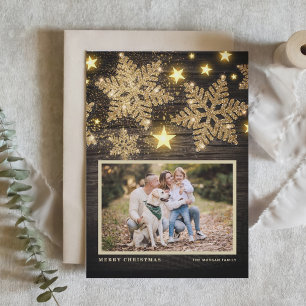 Faux Wood Gouden Glitter Sneeuwvlokken Foto Kerstm Feestdagen Kaart