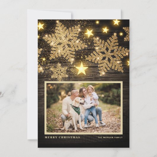 Faux Wood Gouden Glitter Sneeuwvlokken Foto Kerstm Feestdagenkaart (Voorkant)