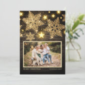 Faux Wood Gouden Glitter Sneeuwvlokken Foto Kerstm Feestdagenkaart (Staand voorkant)
