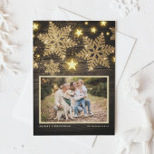Faux Wood Gouden Glitter Sneeuwvlokken Foto Kerstm Feestdagenkaart