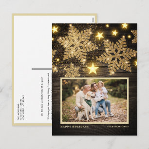 Faux Wood Gouden Glitter Sneeuwvlokken Foto Kerstm Feestdagenkaart
