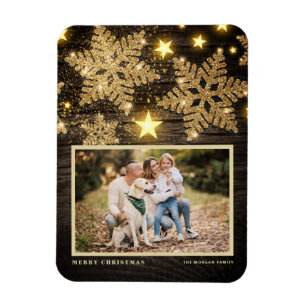 Faux Wood Gouden Glitter Sneeuwvlokken Foto Kerstm Magneet