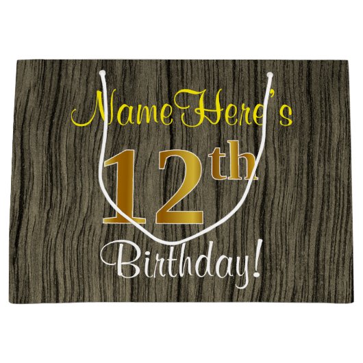 Faux Wood Kijk, Faux Gold 12th Birthday + naam Large Cadeautasje (Voorkant)