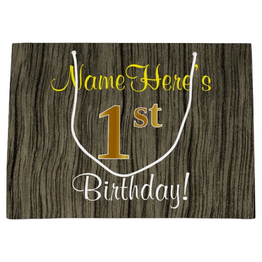 Faux Wood Kijk, Faux Gold 1st Birthday + Naam Large Cadeautasje (Voorkant)