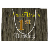 Faux Wood Kijk, Faux Gold 1st Birthday + Naam Large Cadeautasje (Achterkant)