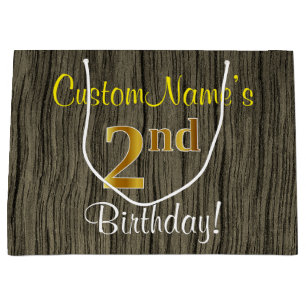 Faux Wood Kijk, Faux Gold 2nd Birthday + Naam Large Cadeautasje