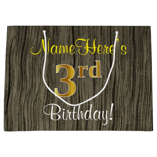 Faux Wood Kijk, Faux Gold 3rd Birthday + Naam Groot Cadeauzakje (Voorkant)