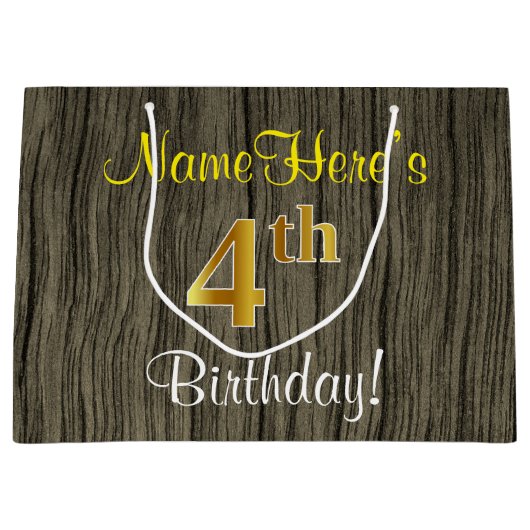 Faux Wood Kijk, Faux Gold 4th Birthday + naam Groot Cadeauzakje (Voorkant)