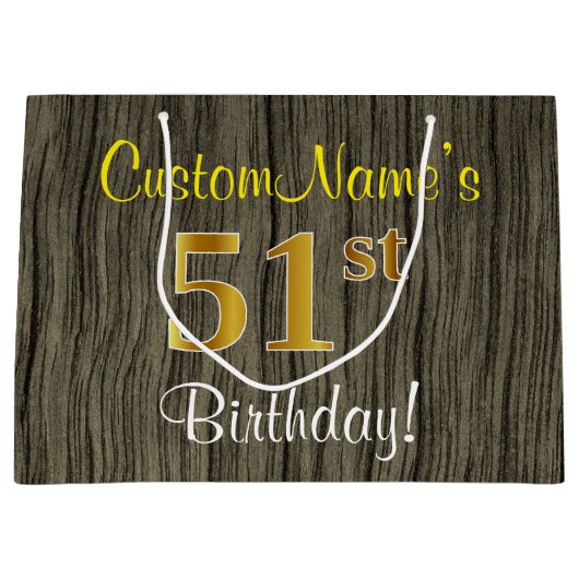 Faux Wood Kijk, Faux Gold 51st Birthday + Naam Groot Cadeauzakje (Voorkant)