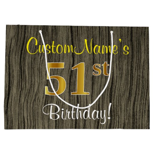 Faux Wood Kijk, Faux Gold 51st Birthday + Naam Groot Cadeauzakje (Achterkant)