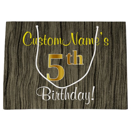 Faux Wood Kijk, Faux Gold 5th Birthday + Naam Groot Cadeauzakje (Voorkant)