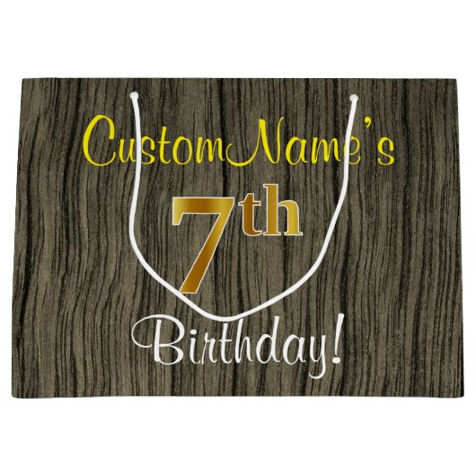Faux Wood Kijk, Faux Gold 7th Birthday + Naam Large Cadeautasje (Voorkant)