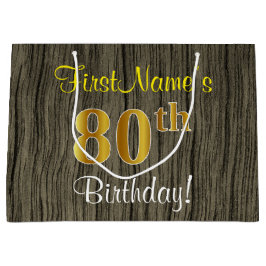 Faux Wood Kijk, Faux Gold 80th Birthday + Naam Large Cadeautasje