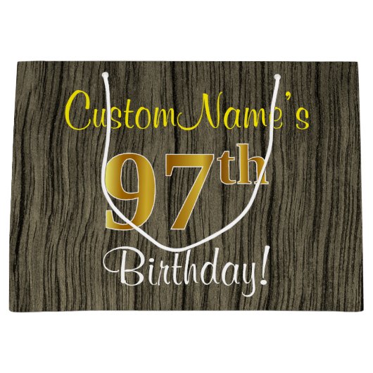Faux Wood Kijk, Faux Gold 97th Birthday + Naam Large Cadeautasje (Voorkant)