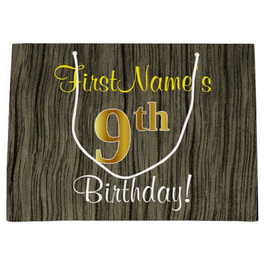 Faux Wood Kijk, Faux Gold 9th Birthday + Naam Groot Cadeauzakje (Voorkant)