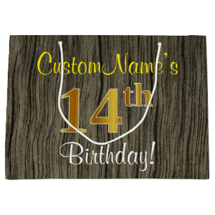 Faux Wood Look, Faux Gold 14e verjaardag + naam Large Cadeautasje