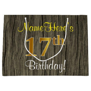 Faux Wood Look, Faux Gold 17e verjaardag + naam Large Cadeautasje
