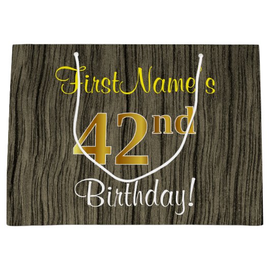 Faux Wood Look, Faux Gold 42e verjaardag + naam Groot Cadeauzakje (Voorkant)