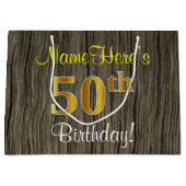 Faux Wood Look, Faux Gold 50ste verjaardag + naam Large Cadeautasje (Voorkant)
