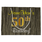 Faux Wood Look, Faux Gold 50ste verjaardag + naam Large Cadeautasje (Achterkant)