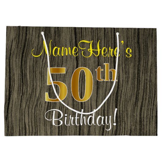 Faux Wood Look, Faux Gold 50ste verjaardag + naam Large Cadeautasje (Achterkant)