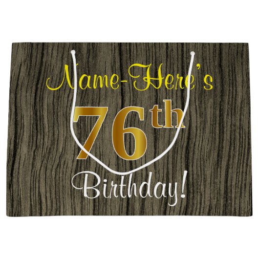 Faux Wood Look, Faux Gold 76e verjaardag + naam Groot Cadeauzakje (Voorkant)