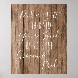 Faux wood Pick a Seat Beide Side bruiloft Poster