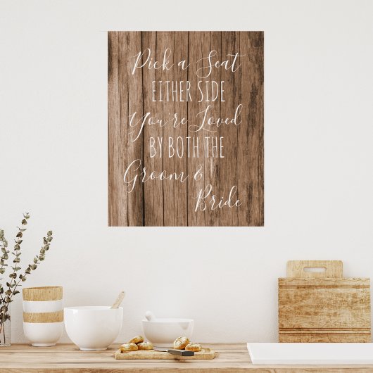 Faux wood Pick a Seat Beide Side bruiloft Poster (Keuken)