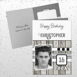 Faux wood rustic 16e grijze fotoverjaardag kaart