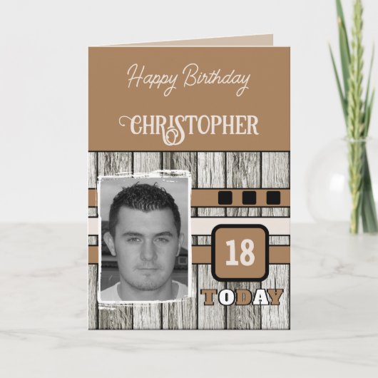 Faux wood rustic 18th brown foto jarig kaart (Voorkant)
