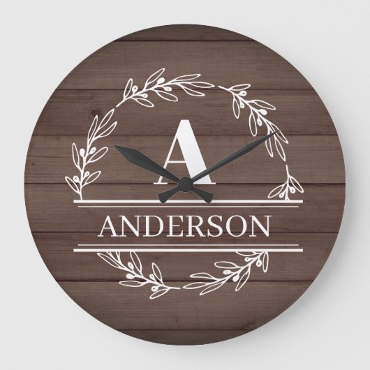 Faux Wood Rustic Wreater Family Name Monogram Grote Klok (Voorkant)