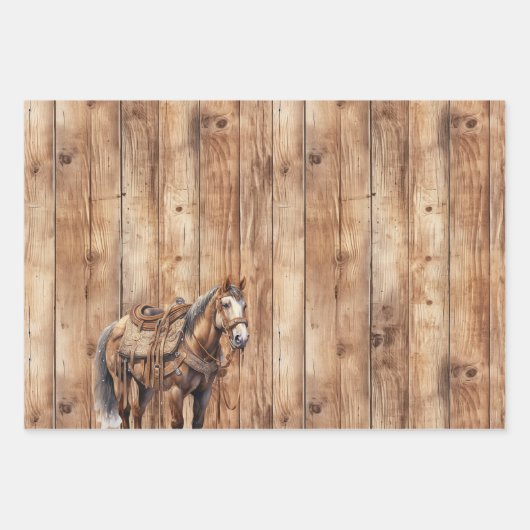 Faux Wood Western Cowboy Cowgirl Horse Verjaardag Inpakpapier Vel (Voorkant)