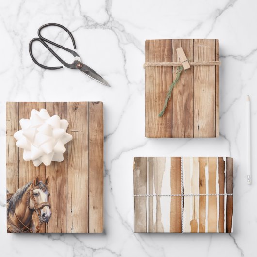 Faux Wood Western Cowboy Cowgirl Horse Verjaardag Inpakpapier Vel (Voorkant)