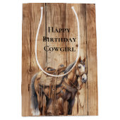 Faux Wood Western Cowboy Cowgirl Horse Verjaardag Medium Cadeauzakje (Voorkant)