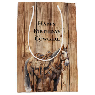 Faux Wood Western Cowboy Cowgirl Horse Verjaardag Medium Cadeauzakje