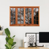 Faux Wooden Bay Window Illusion - Winter Uitzicht Poster (Thuiskantoor)