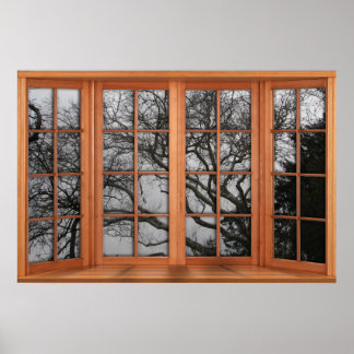 Faux Wooden Bay Window Illusion - Winter Uitzicht Poster