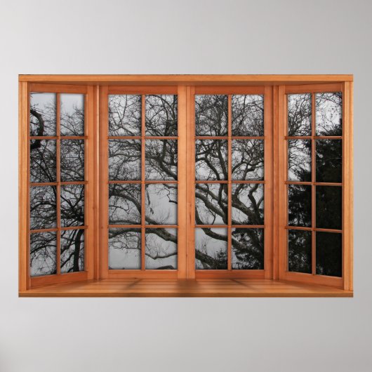 Faux Wooden Bay Window Illusion - Winter Uitzicht Poster (Voorkant)