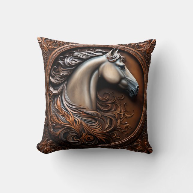 Faux Wooden Carved Horse Throw Pillow Kussen (Voorkant)