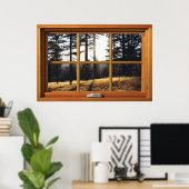 Faux Wooden Window Illusion - Autumn Pine Trees Poster (Thuiskantoor)